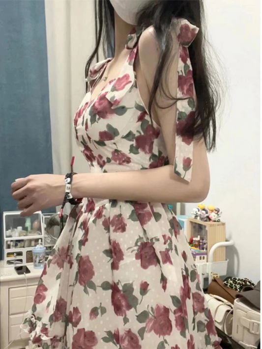 Nuevo vestido veraniego romántico adelgazante con estampado de rosas