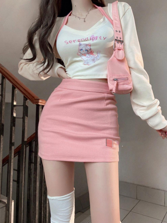 Conjunto de top halter con escote halter, cárdigan y falda de cintura alta