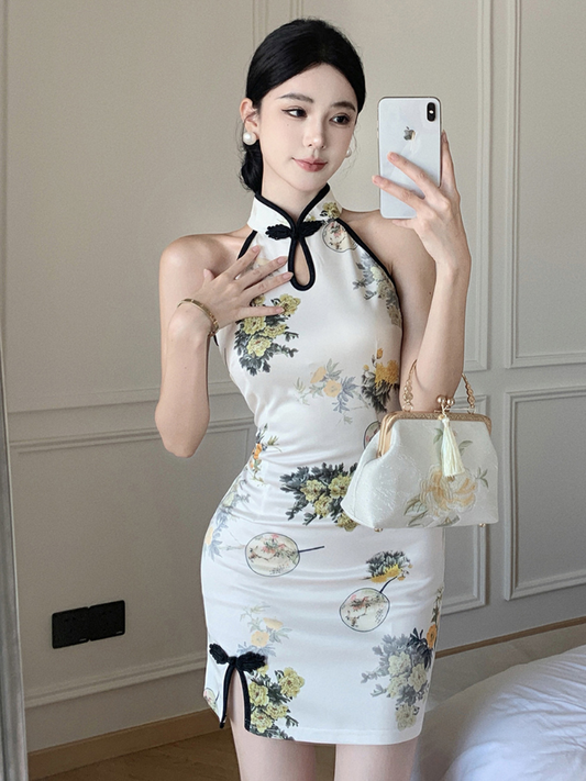 Cheongsam sexy sin mangas con hombros al descubierto